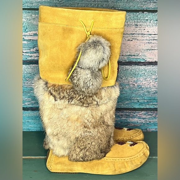 Vintage Naughty Monkey Eskimo Tall Suede Beaded Rabbit Fur Winter Boots Pom Poms - Picture 5 of 14